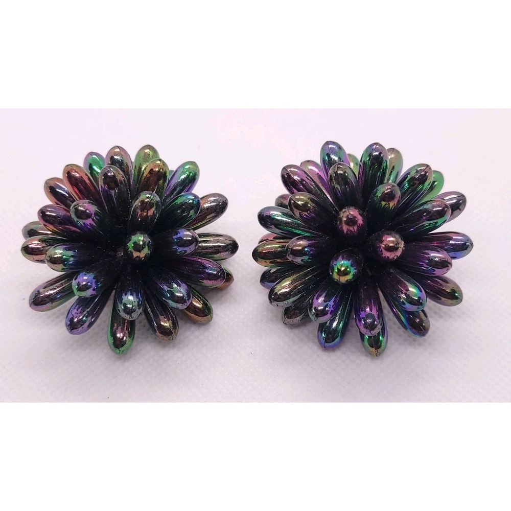 Vintage 1960s Iridescent Purple Green Flower Cluster Clip On Earrings